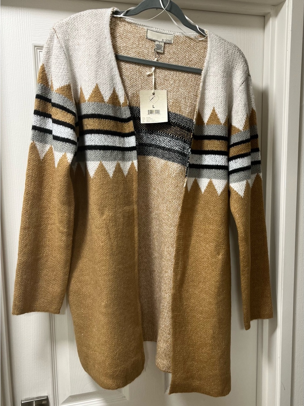 Camel and Cream Open-Front Cardigan with Black Stripes